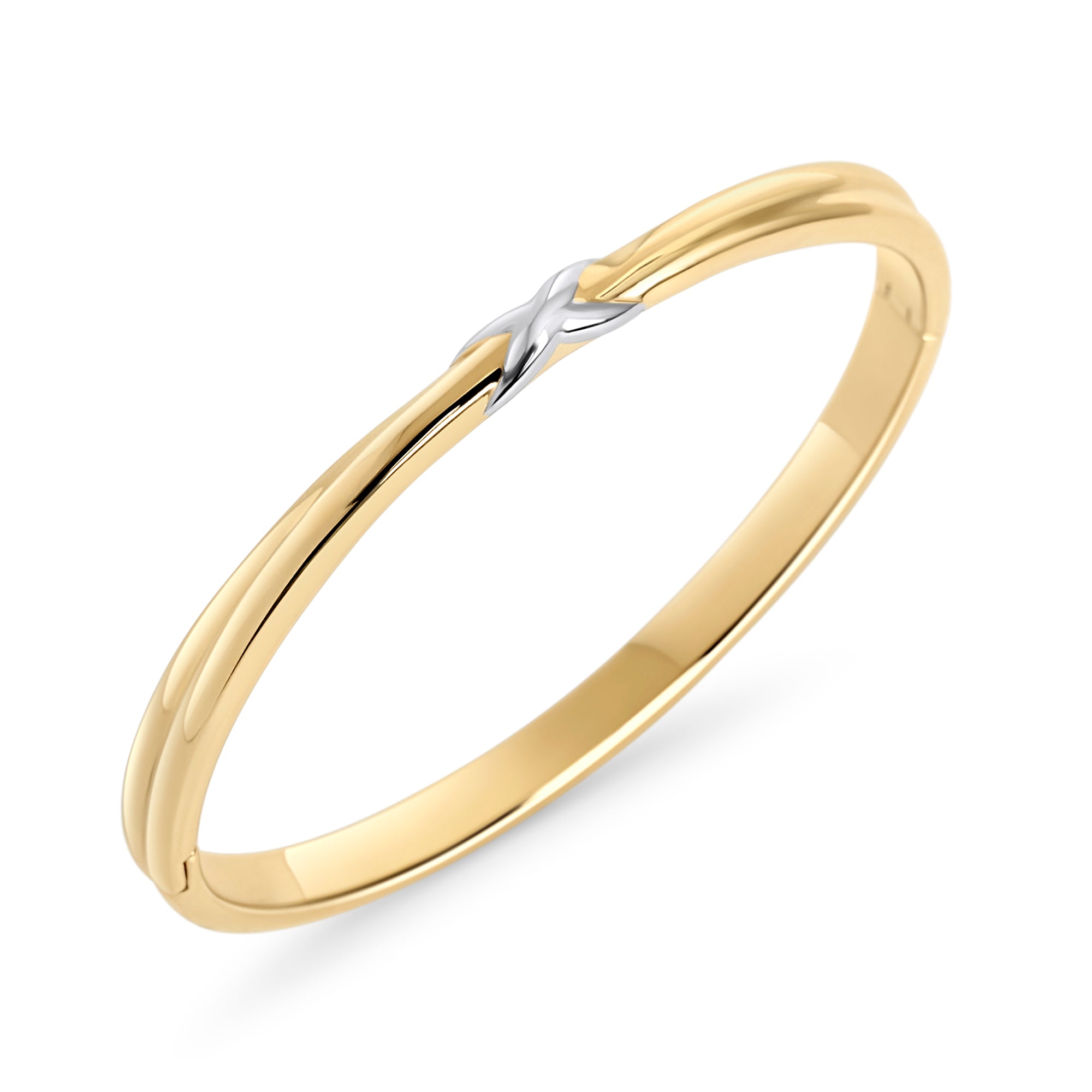 Two-tone gold and silver X cross bangle bracelet – nickel-free, waterproof & tarnish-resistant stainless steel bangle for sensitive skin, best minimalist luxury jewelry by Mia Bijoux Canada