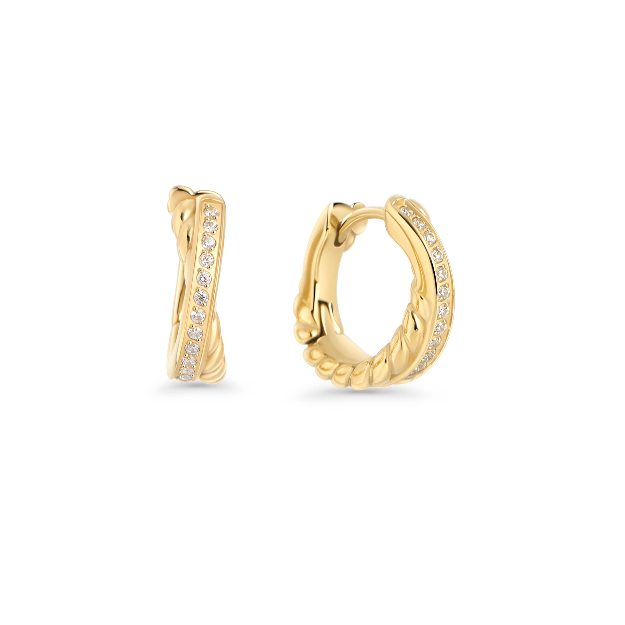 Gold stainless steel twisted huggie hoop earrings with cubic zirconia pavé stones, hypoallergenic earrings for sensitive ears, tarnish-resistant durable minimalist everyday jewelry Canada.