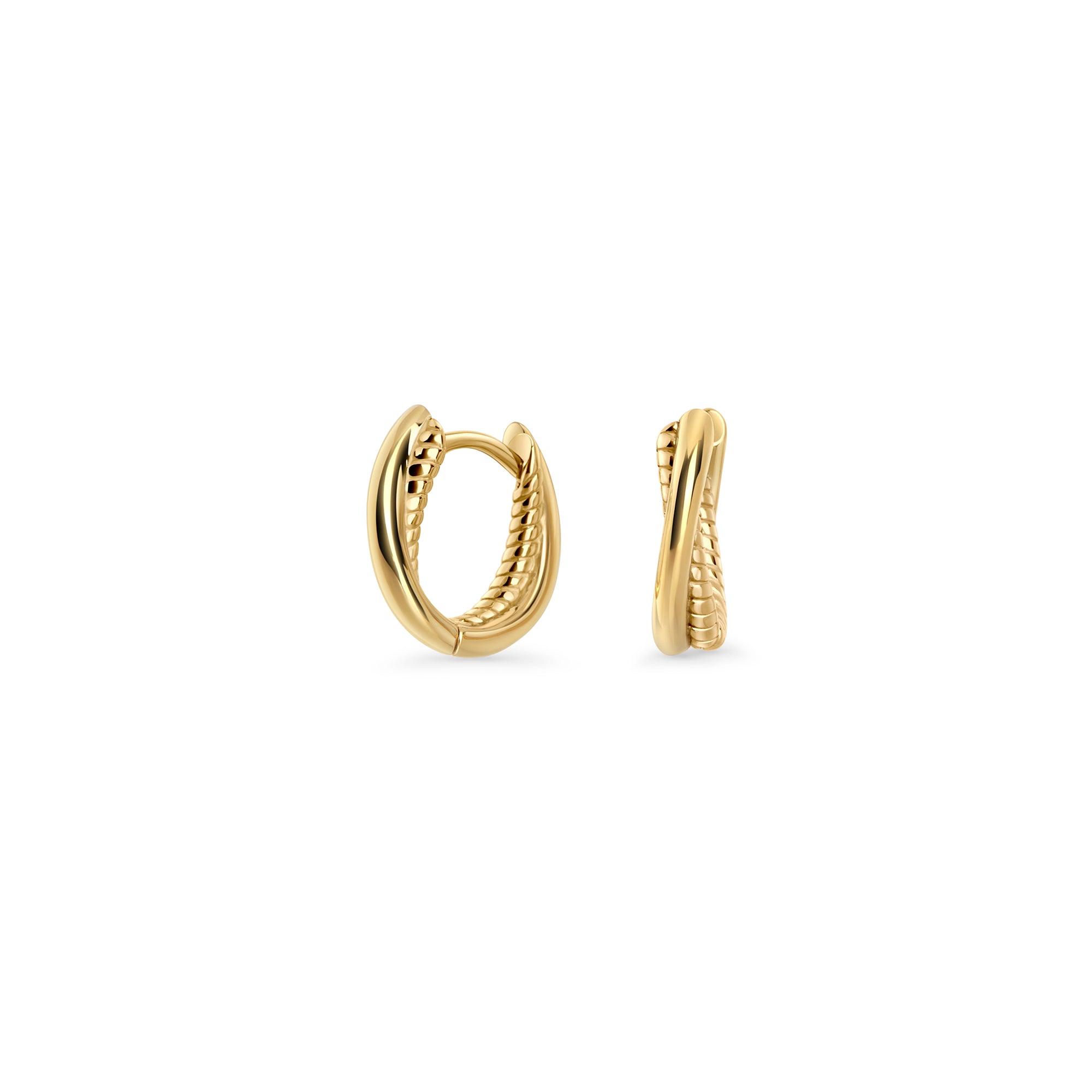 Gold stainless steel twisted hoop earrings with sculptural design, modern minimalist jewelry, hypoallergenic non-tarnish durable earrings, elegant everyday fashion jewelry.