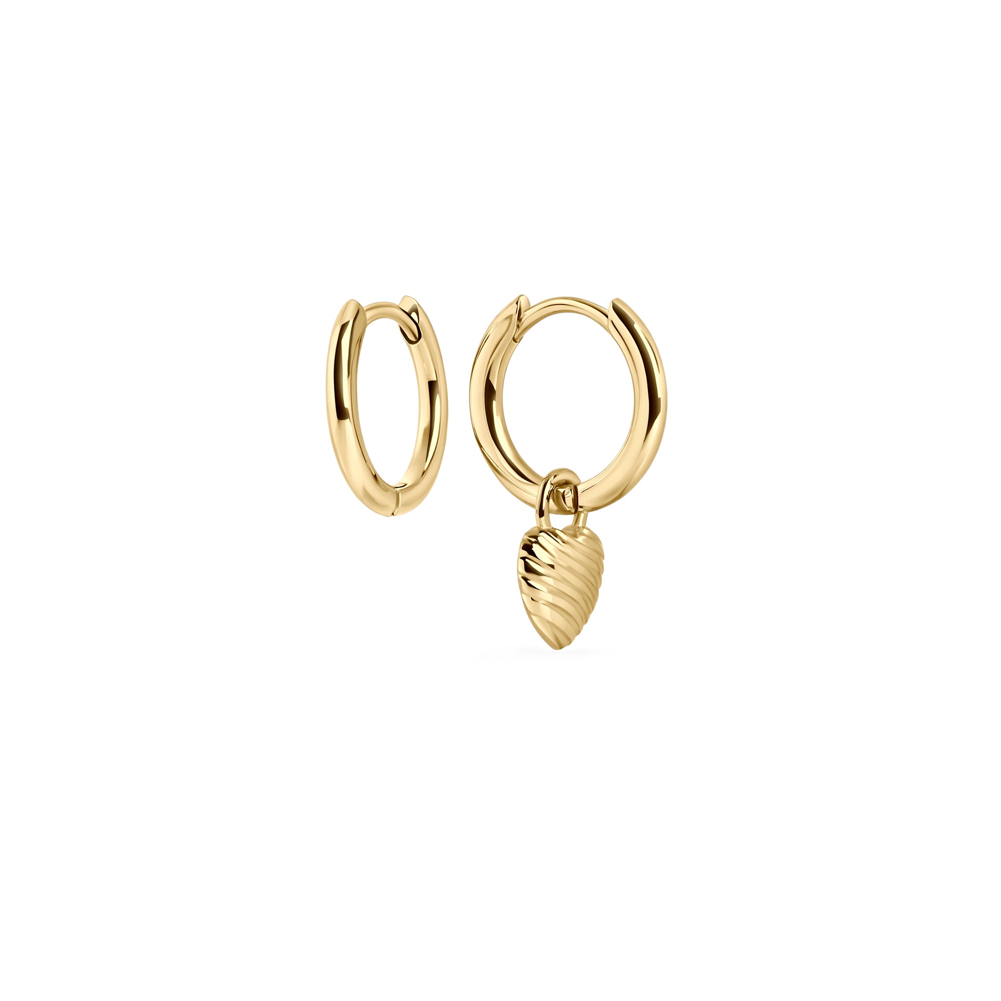 Gold stainless steel hoop earrings with detachable ribbed heart charm, versatile romantic jewelry, hypoallergenic non-tarnish durable earrings, elegant modern everyday jewelry.