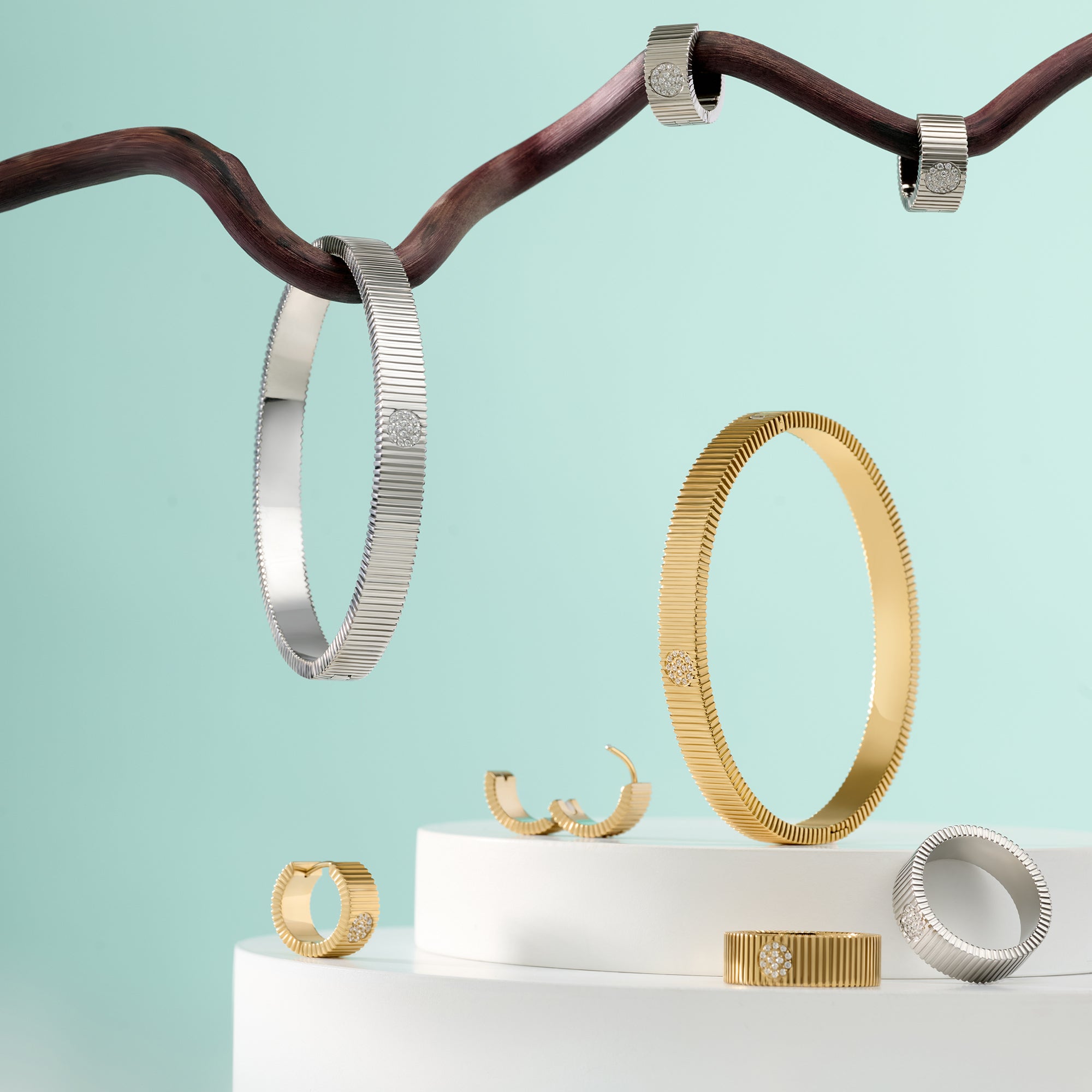 Ribbed bangle bracelet and matching band ring with pavé detail in surgical stainless steel, hypoallergenic jewelry for sensitive skin, waterproof and tarnish free.