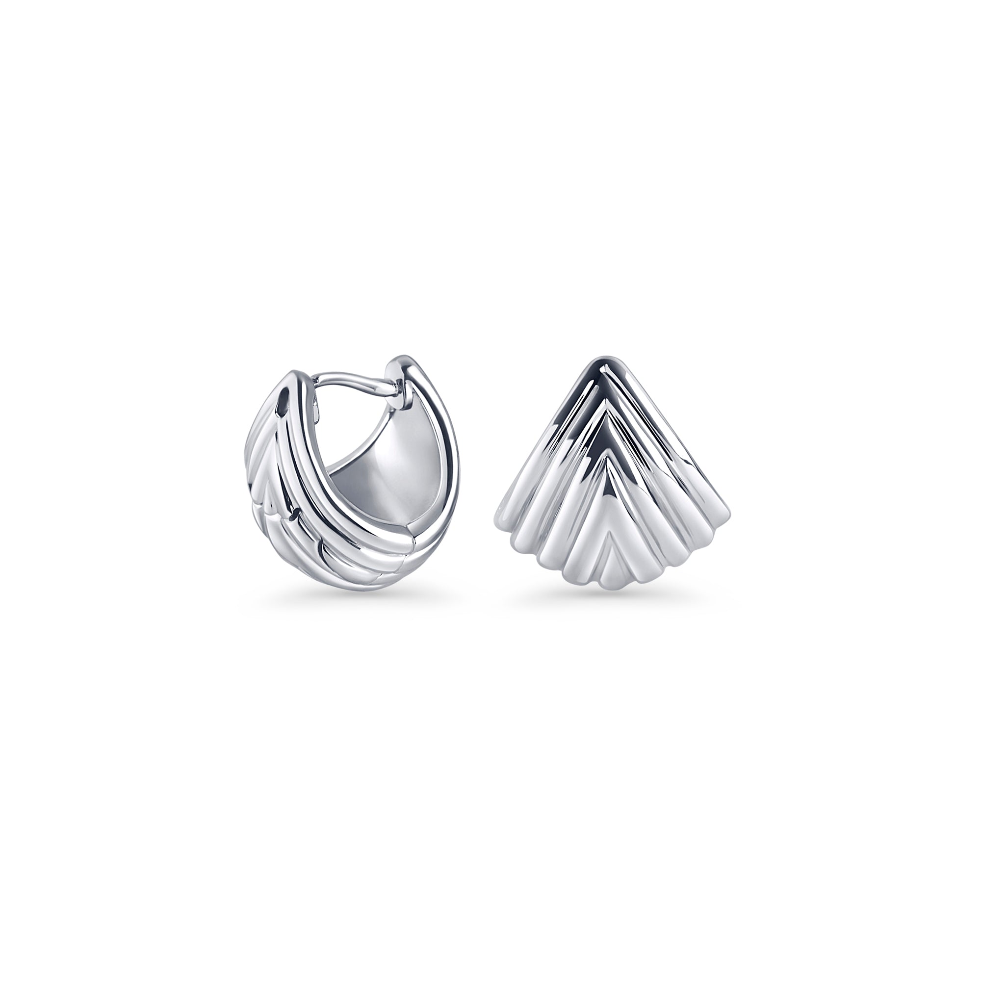 Silver stainless steel sculptural fan-shaped hoop earrings with layered geometric design, modern minimalist jewelry, hypoallergenic non-tarnish durable earrings, elegant contemporary statement jewelry.