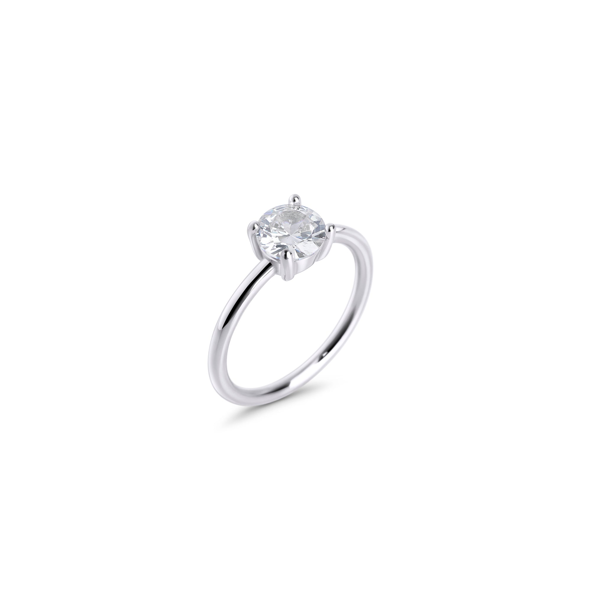Gold stainless steel solitaire ring with round cubic zirconia, classic engagement-style ring design, durable minimalist jewelry with brilliant stone for an elegant timeless look.