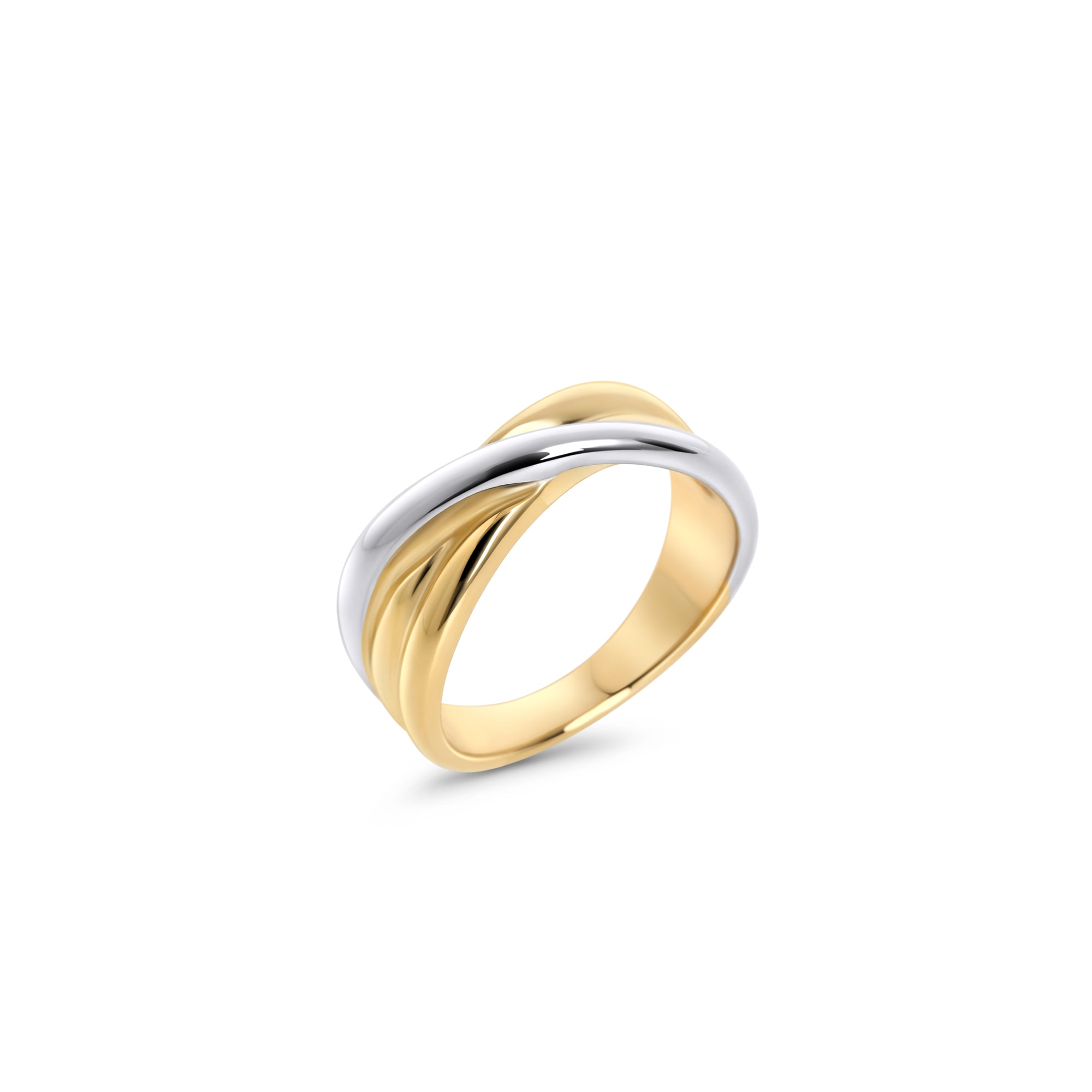 Two-tone crossover ring in gold and silver stainless steel, modern twisted design with high-polish finish, durable everyday jewelry crafted for comfort and long-lasting shine in Canada.