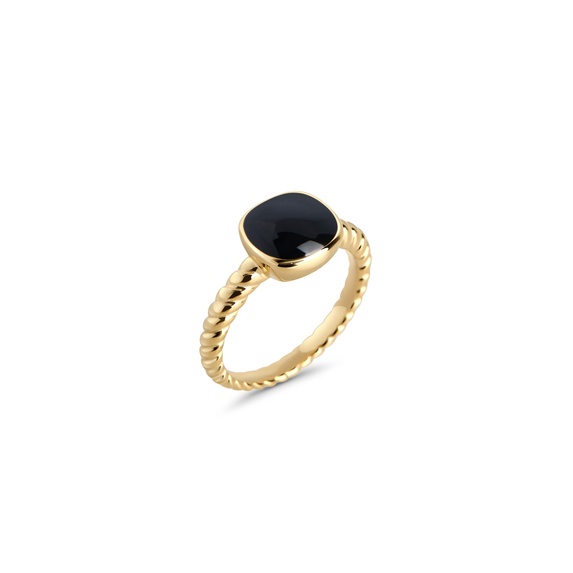 Gold stainless steel ring with black gemstone, twisted band design with polished oval stone, bold minimalist statement ring with modern elegant style.