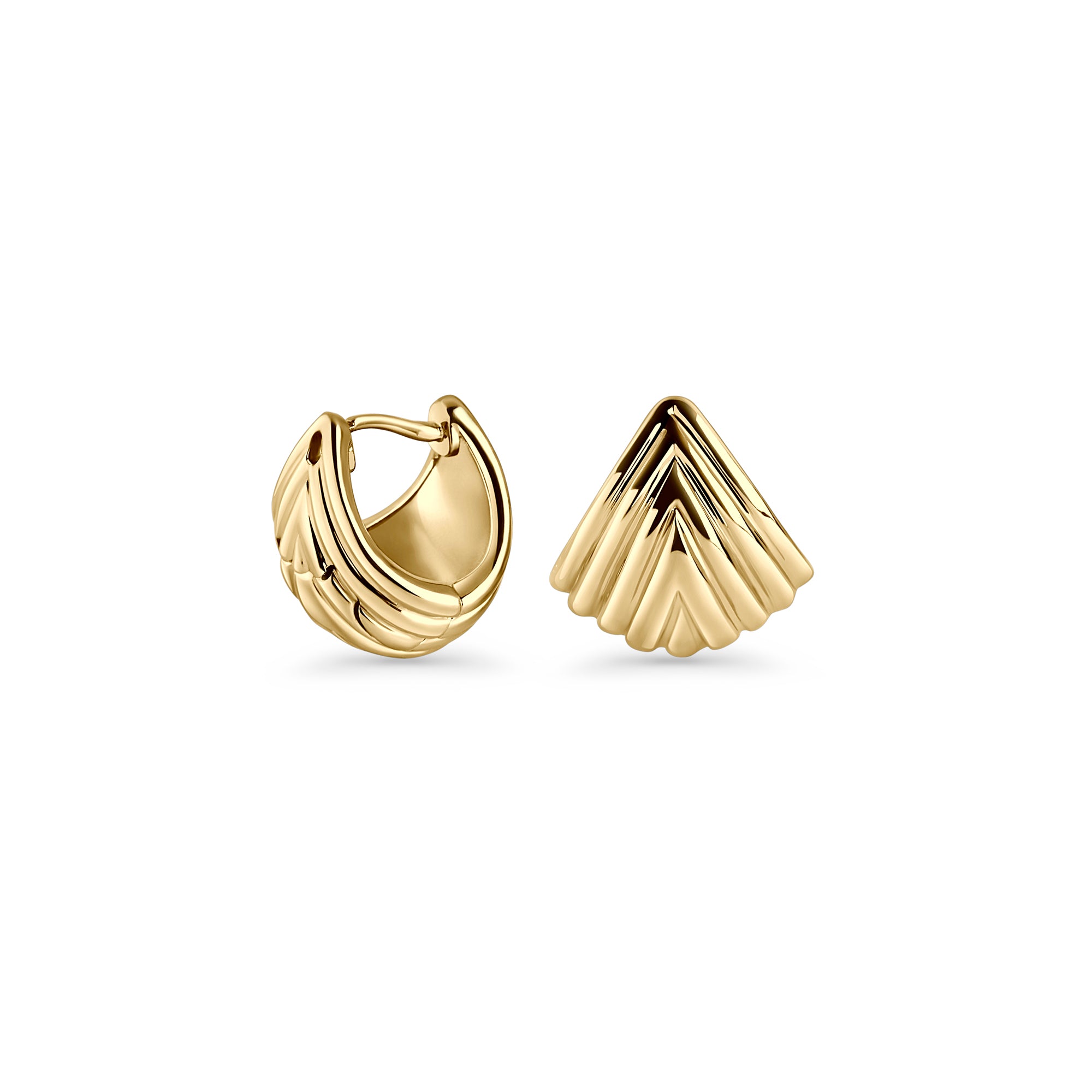 Gold stainless steel sculptural fan-shaped hoop earrings with layered geometric design, bold modern jewelry, hypoallergenic non-tarnish durable earrings, elegant contemporary statement jewelry.
