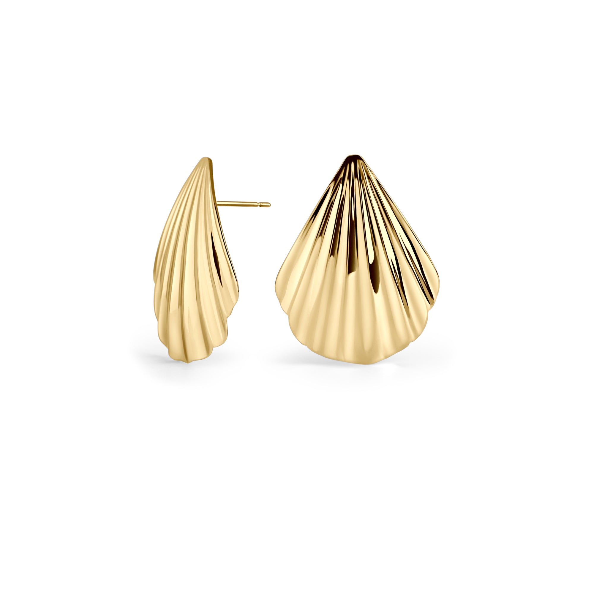 Gold stainless steel sculptural stud earrings with shell-inspired design, bold modern jewelry, hypoallergenic non-tarnish durable earrings, elegant statement everyday jewelry.
