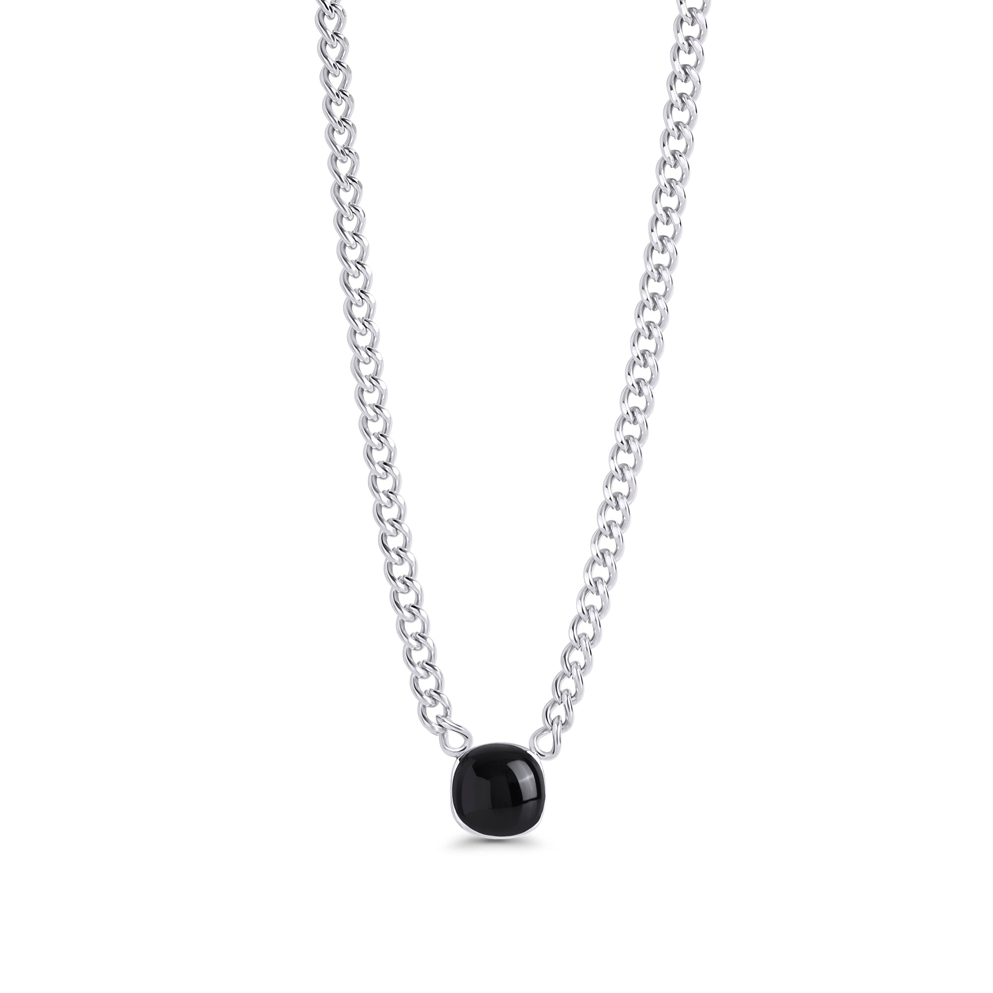 Silver stainless steel chain necklace with black onyx square pendant, bold minimalist statement jewelry, hypoallergenic non-tarnish durable design.