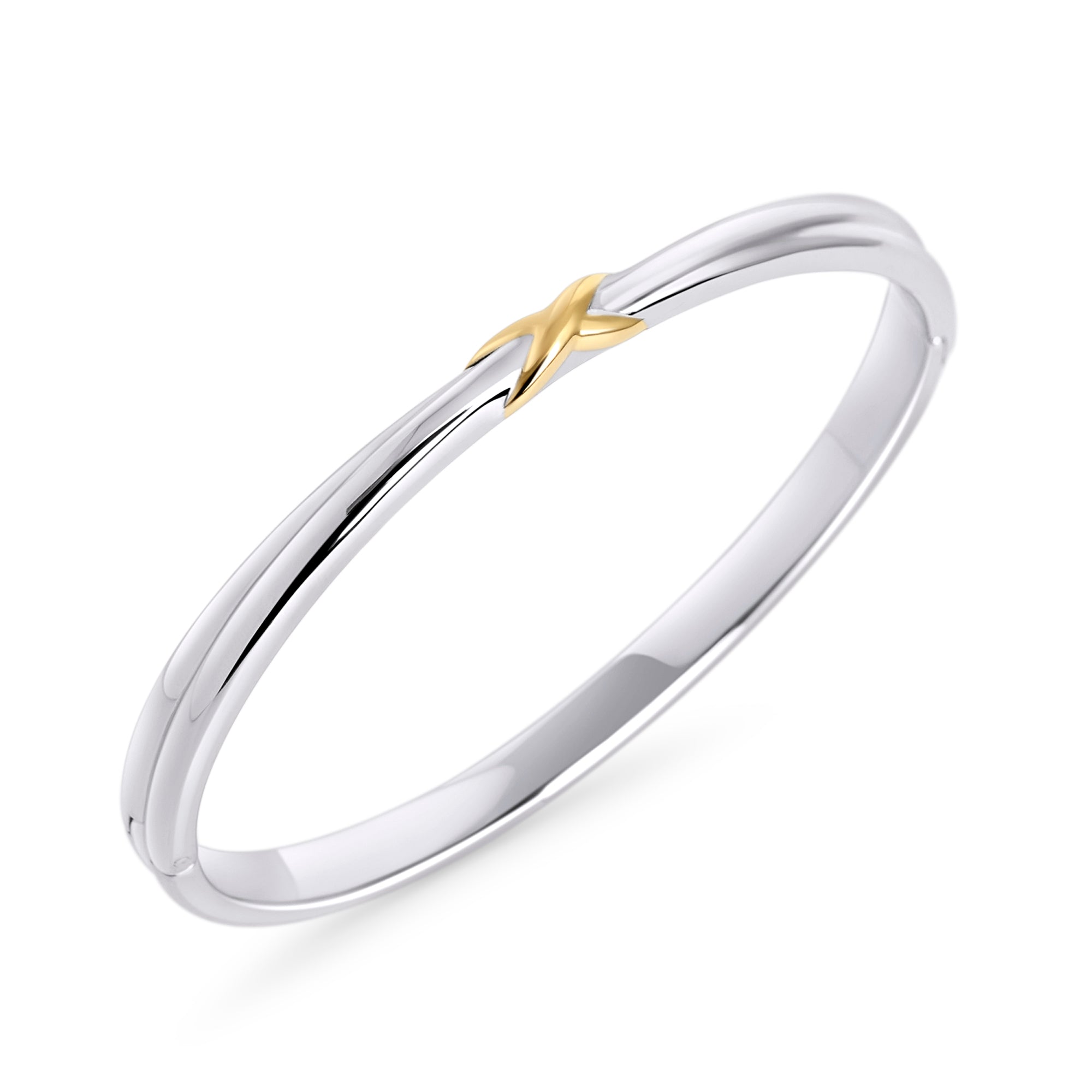 Two-tone gold and silver X cross bangle bracelet – nickel-free, waterproof & tarnish-resistant stainless steel bangle for sensitive skin, best minimalist luxury jewelry by Mia Bijoux Canada.