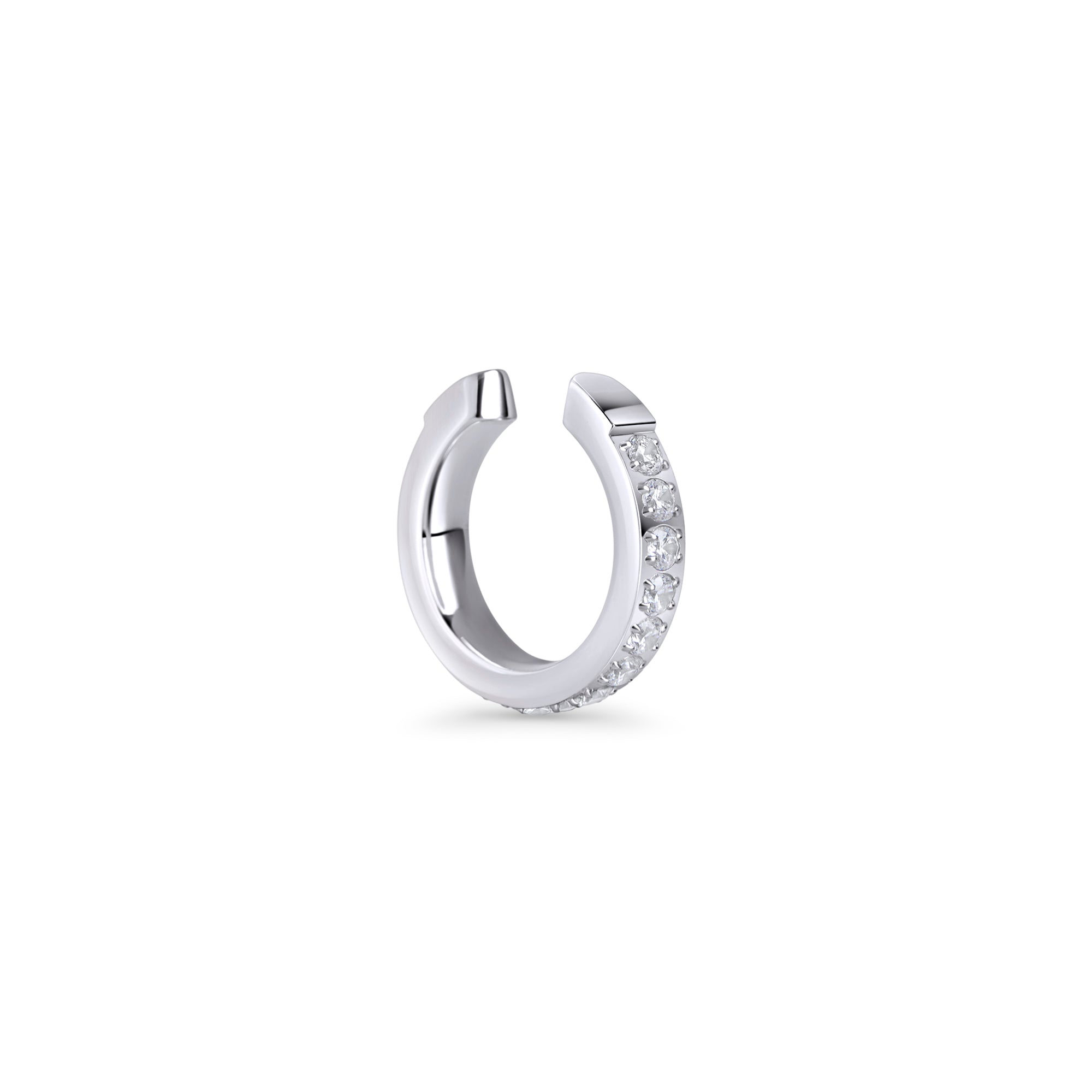 Silver sparkling ear cuff in surgical stainless steel, top-rated and best for sensitive ears, allergy-free and hypoallergenic, waterproof, non tarnish, safe and designed to prevent skin irritation.