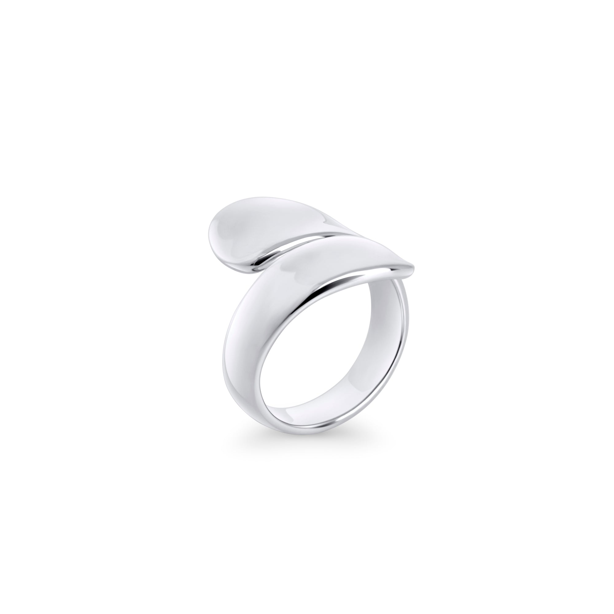 Silver stainless steel sculptural wrap ring with fluid organic curves, modern bold statement design, hypoallergenic non-tarnish durable ring, contemporary fashion jewelry.
