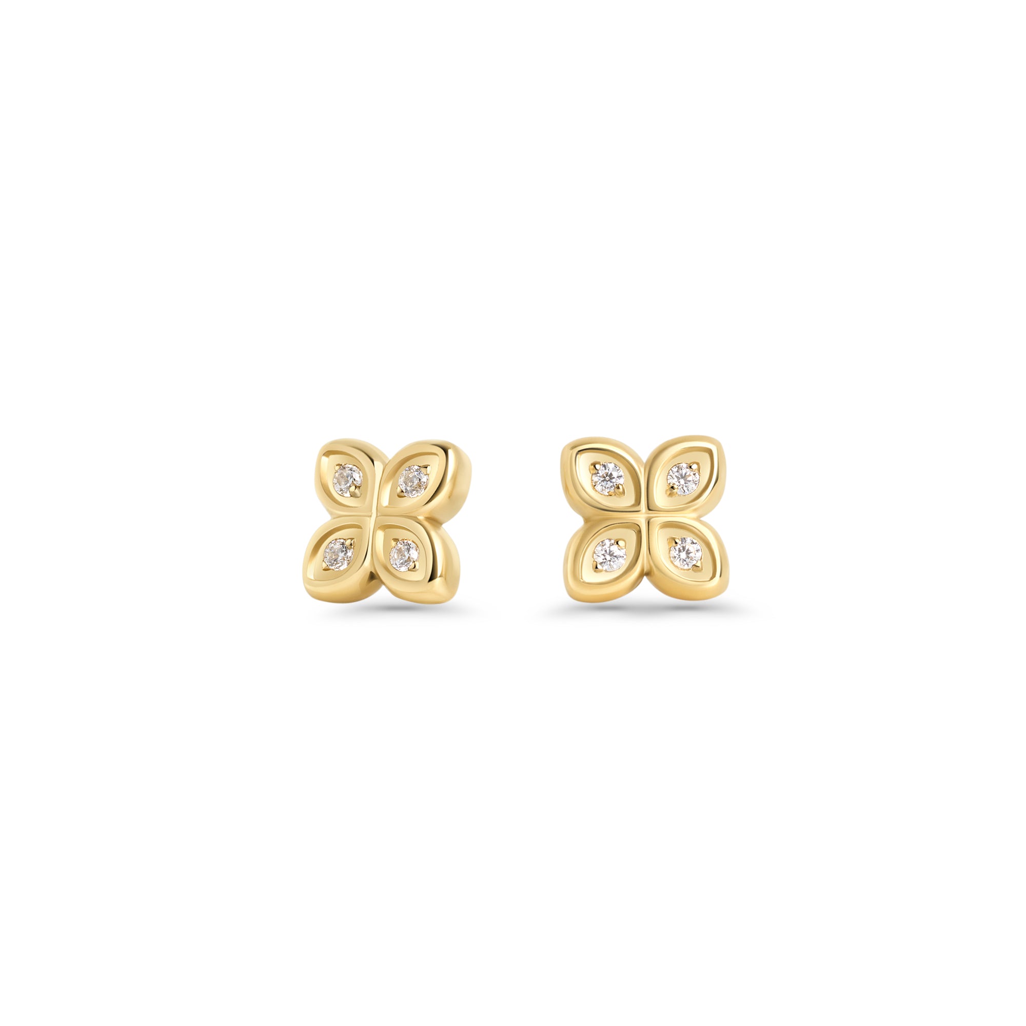 Gold stainless steel flower stud earrings with cubic zirconia, delicate everyday earrings, hypoallergenic jewelry for sensitive ears, tarnish resistant and designed for long-lasting shine in Canada.