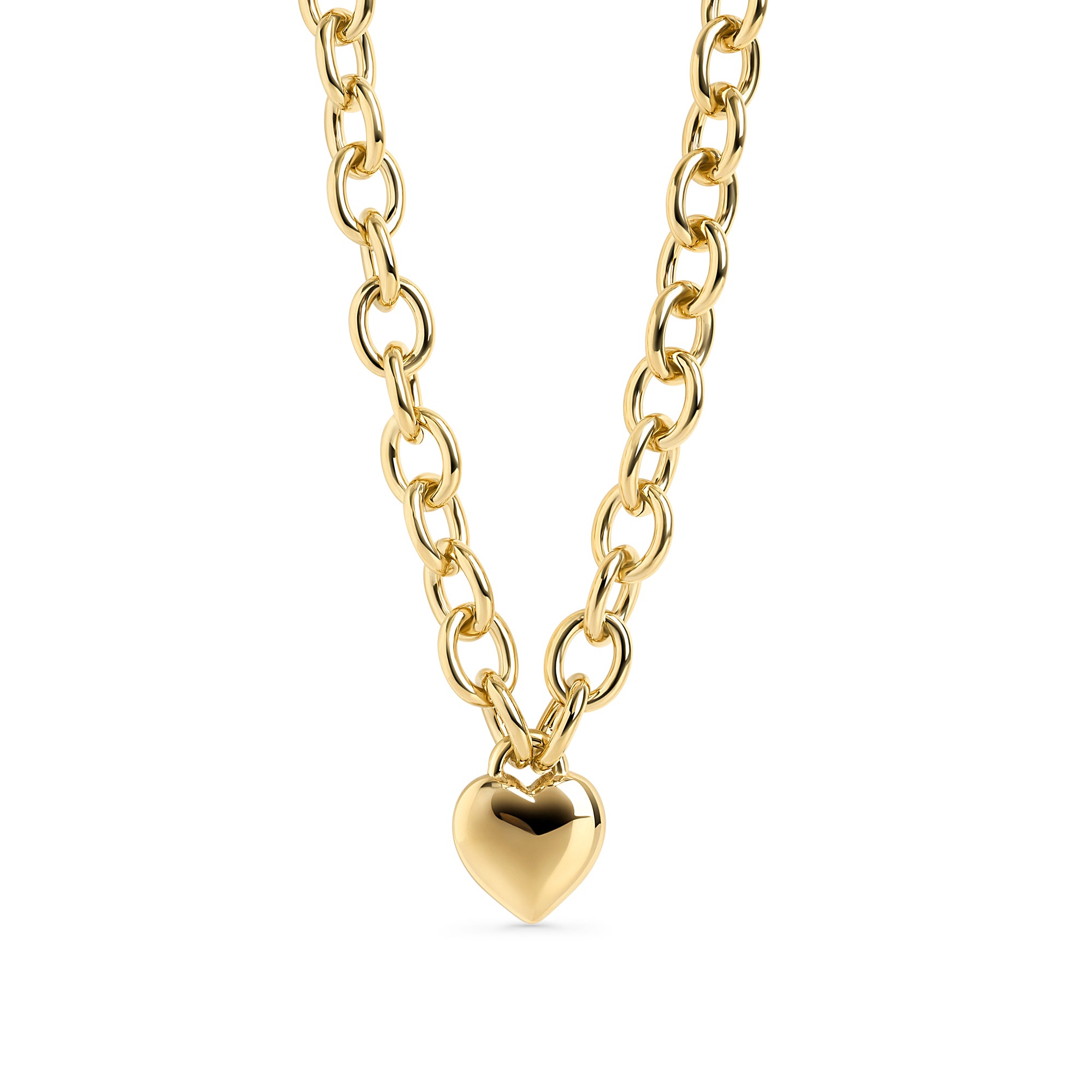 Gold stainless steel chunky chain necklace with heart pendant, bold modern jewelry, hypoallergenic non-tarnish durable statement necklace, trendy elegant heart jewelry.
