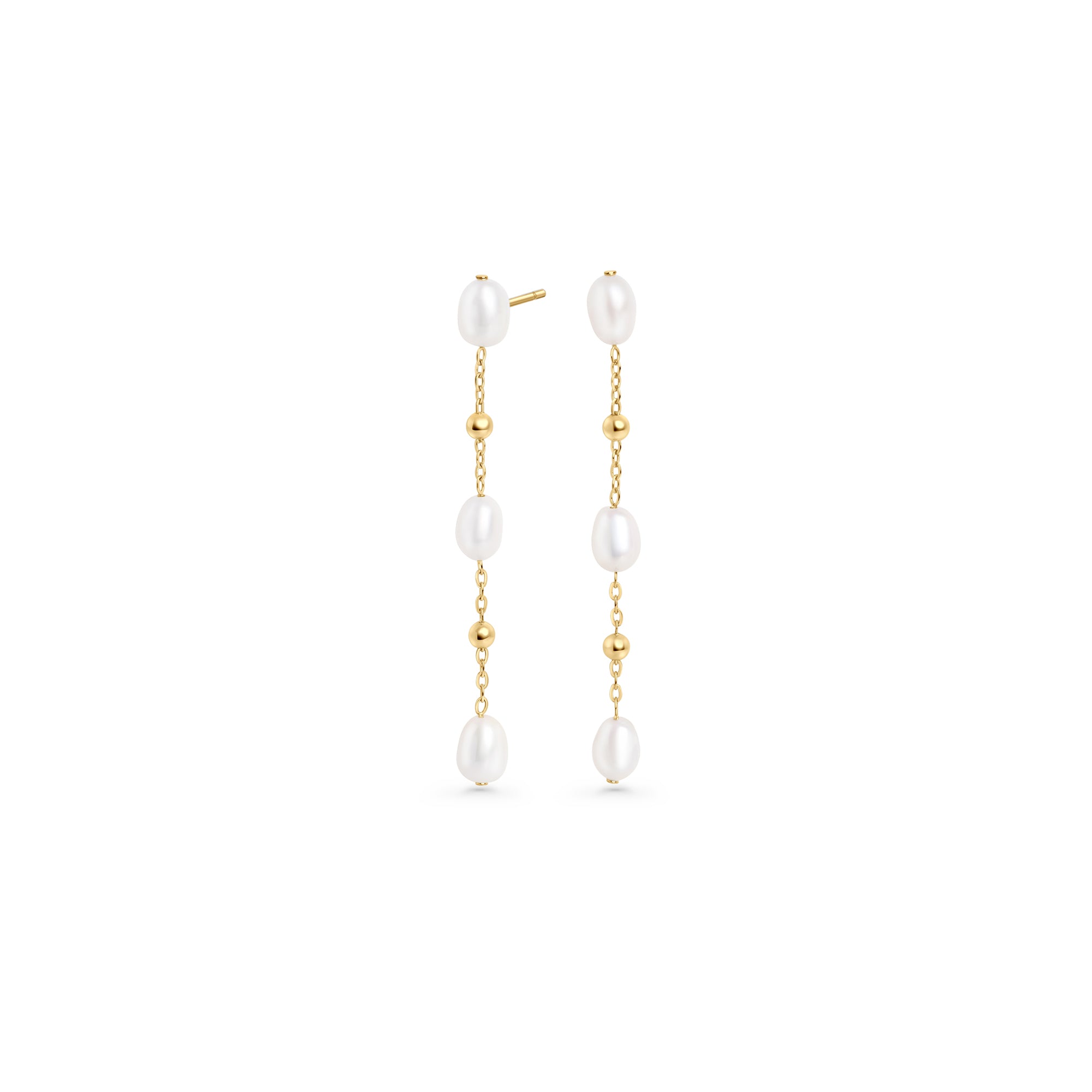 Hypoallergenic stainless steel pearl drop earrings for sensitive ears, tarnish-free silver jewelry in Canada, elegant long chain pearl earrings for women.