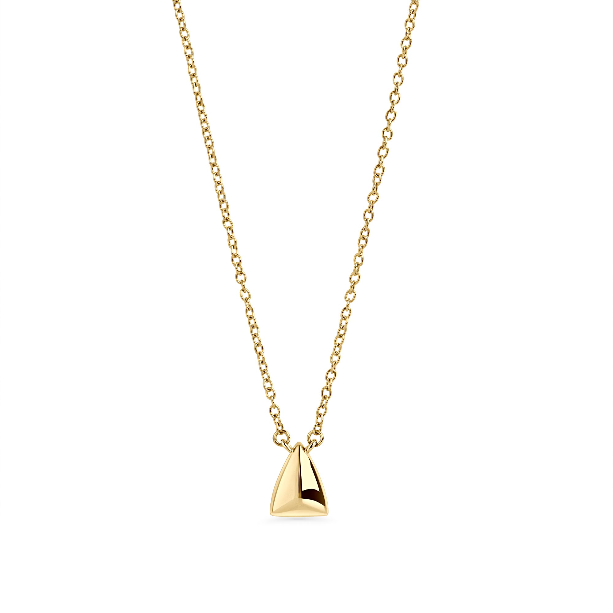 Gold stainless steel geometric pendant necklace with minimalist triangular charm, modern elegant jewelry, hypoallergenic non-tarnish durable everyday necklace, sleek contemporary jewelry design.
