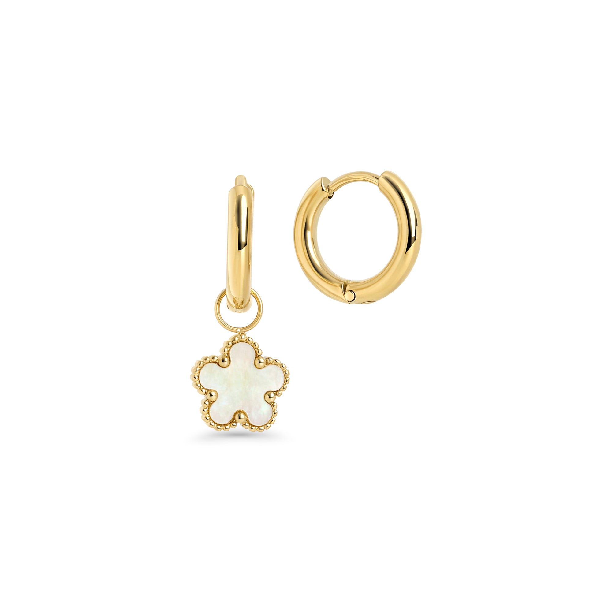 Gold stainless steel hoop earrings with white flower drop charms, hypoallergenic and tarnish-resistant, safe for sensitive skin. Lightweight everyday earrings, water-friendly and durable.