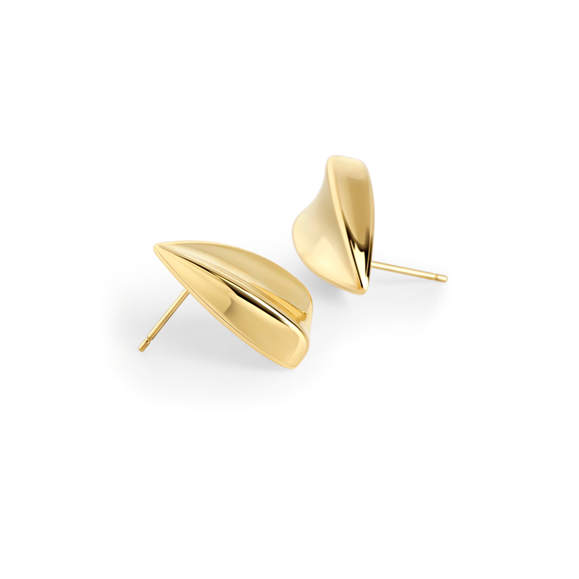 Gold stainless steel abstract stud earrings with curved sculptural design, hypoallergenic jewelry for sensitive ears, non-tarnish durable minimalist fashion earrings, modern everyday luxury jewelry Canada.