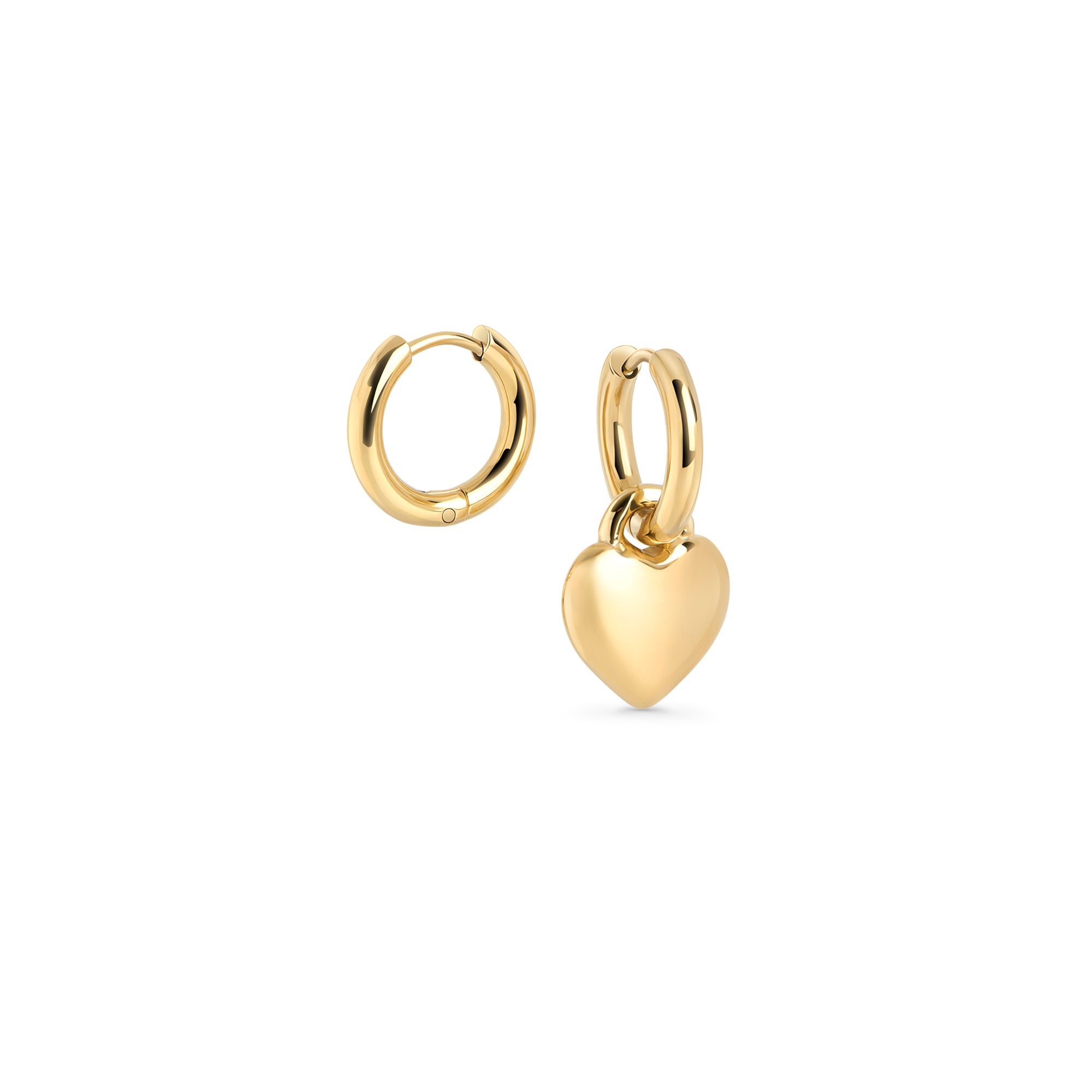 Gold huggie hoop earrings with removable puffy heart charm – nickel-free, waterproof & tarnish-resistant stainless steel earrings for sensitive ears, affordable luxury jewelry by Mia Bijoux Canada
