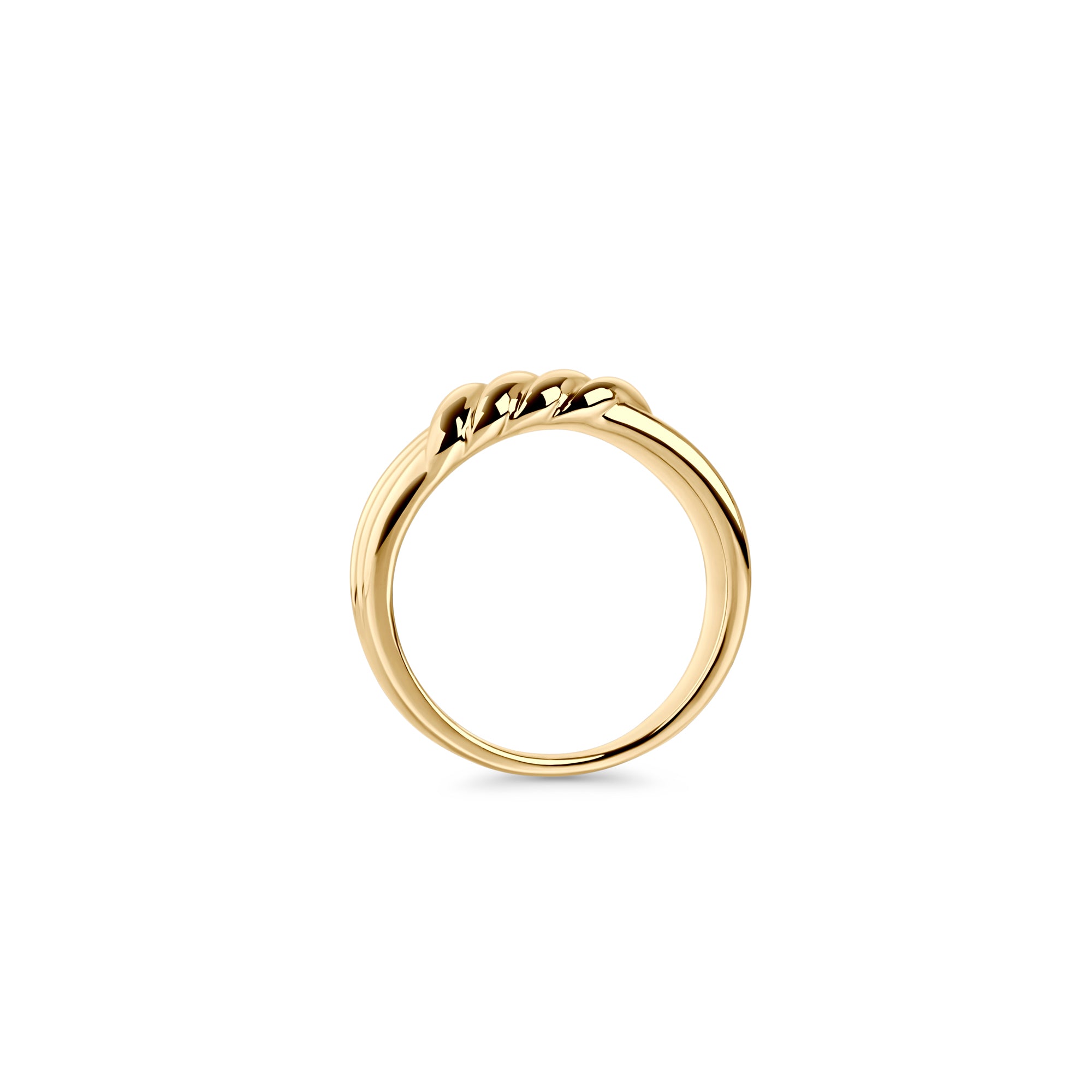 Gold stainless steel ribbed statement ring, sculptural textured band design, hypoallergenic non-tarnish durable jewelry, bold modern fashion ring for everyday wear.

