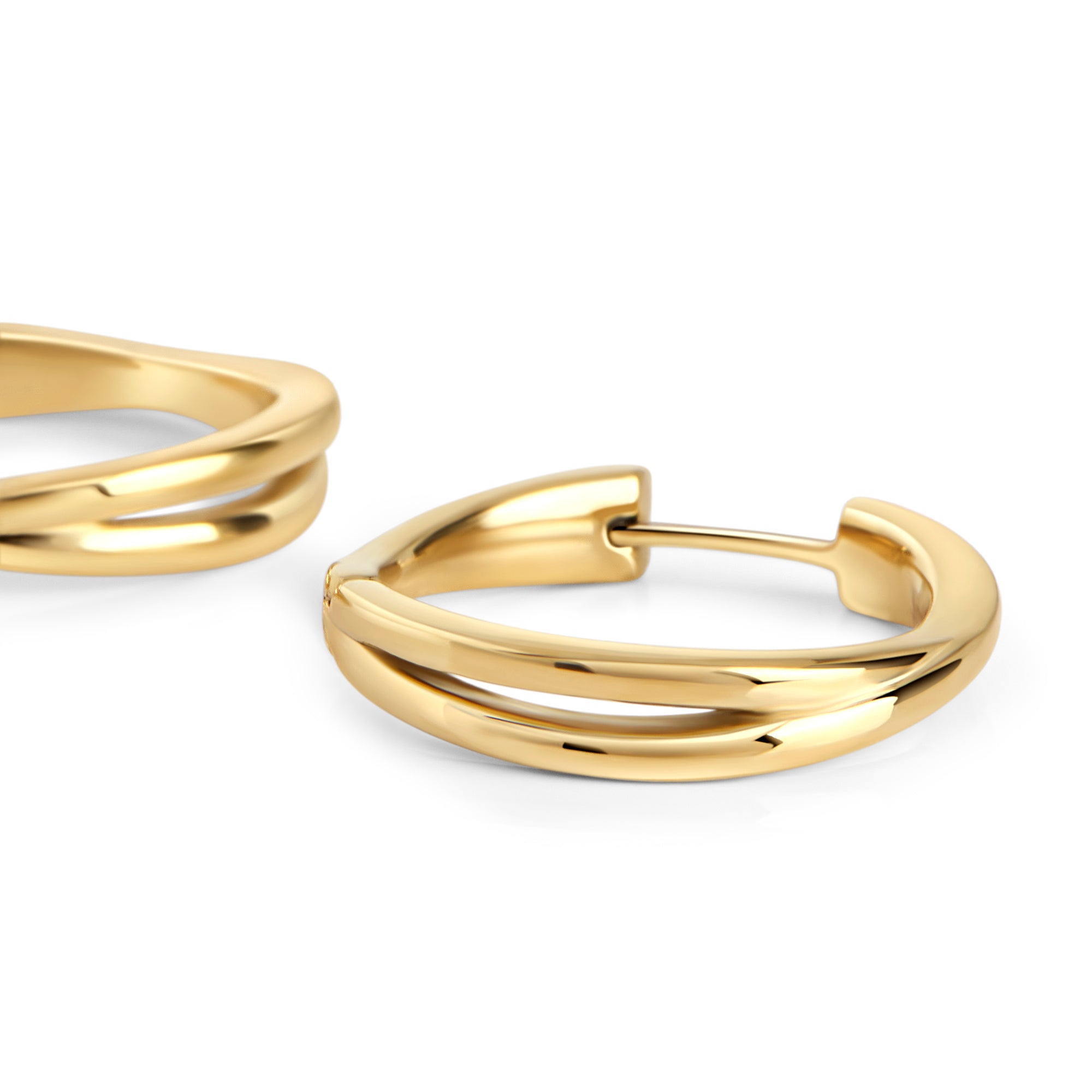 Gold stainless steel double hoop huggie earrings, minimalist hypoallergenic earrings for sensitive ears, non-tarnish waterproof durable everyday jewelry, modern affordable luxury jewelry Canada.