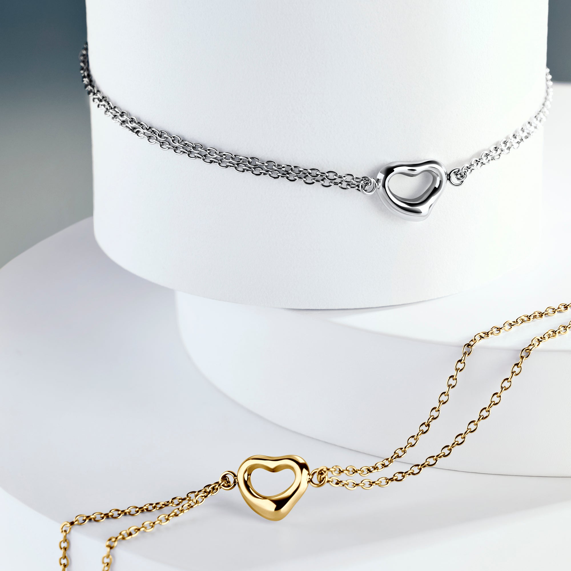 Gold and silver dainty open heart double chain bracelets – nickel-free, waterproof & tarnish-resistant stainless steel bracelets for women, top-rated jewelry gift for daughter by Mia Bijoux Canada