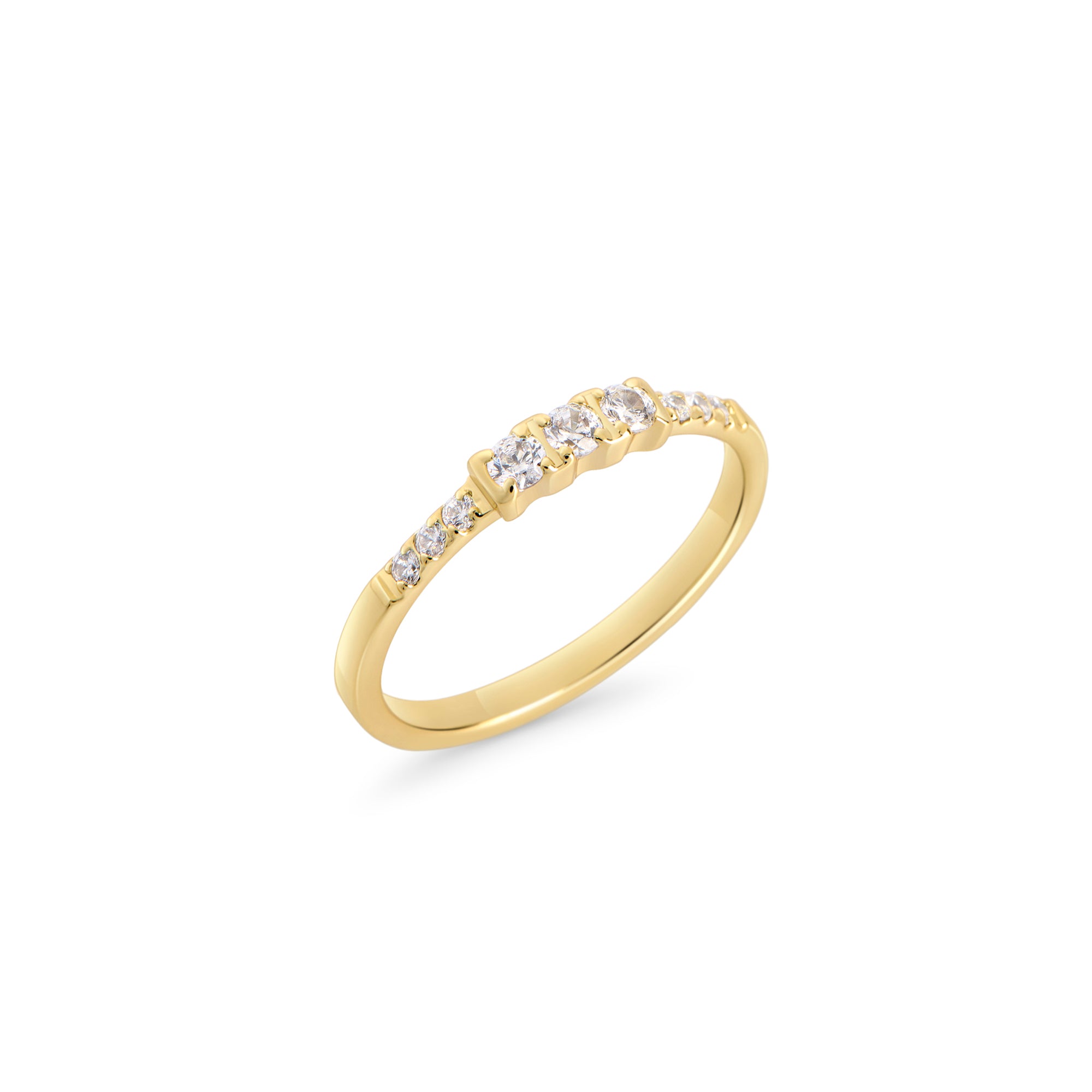 A gold-colored ring with multiple cubic zirconia stones set in a 316L stainless steel band.