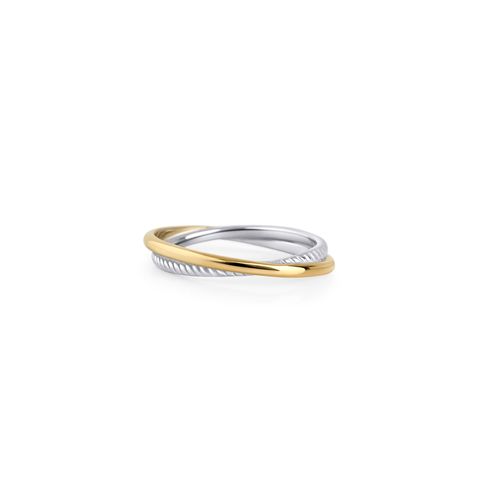 Two-tone stainless steel band ring with gold and silver finish, minimalist modern stacking ring, hypoallergenic non-tarnish durable jewelry, elegant everyday fashion ring.
