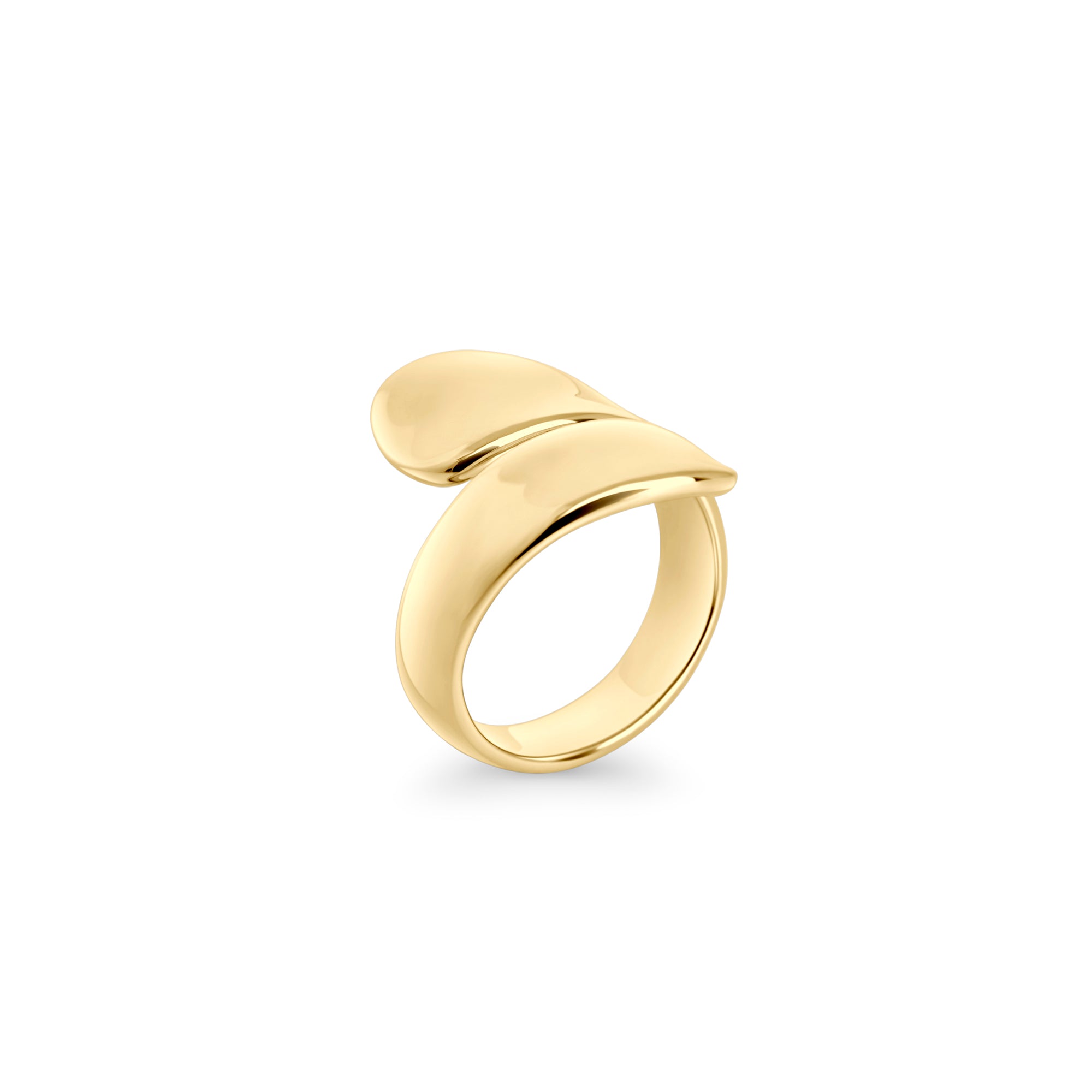 Gold stainless steel sculptural statement ring with smooth organic curves, modern bold design, hypoallergenic non-tarnish durable ring, contemporary fashion jewelry.

