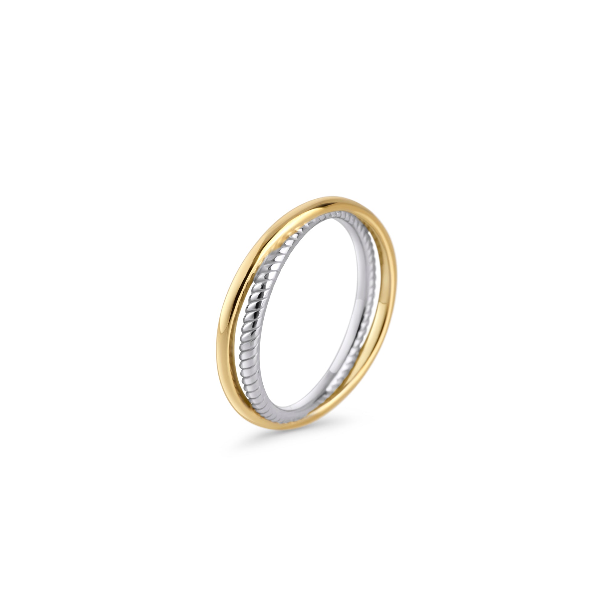 Two-tone stainless steel band ring with gold and silver finish, minimalist modern stacking ring, hypoallergenic non-tarnish durable jewelry, elegant everyday fashion ring.
