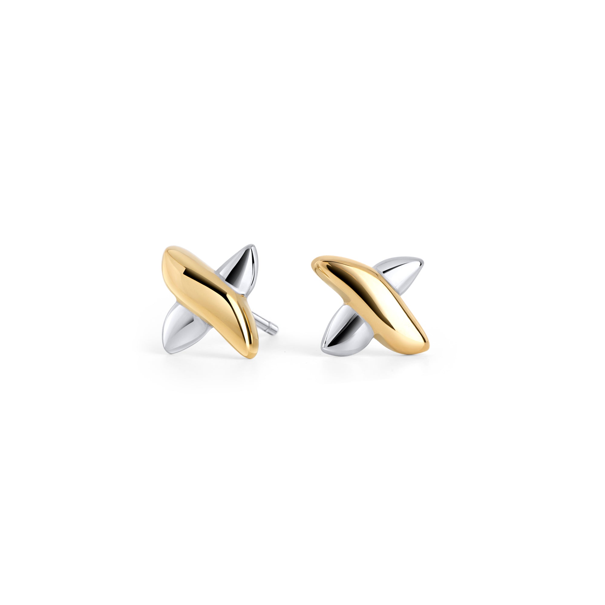 Two-tone gold and silver puffy X cross stud earrings – nickel-free, tarnish-resistant & waterproof stainless steel studs safe for sensitive ears, best everyday earrings for women by Mia Bijoux Canada