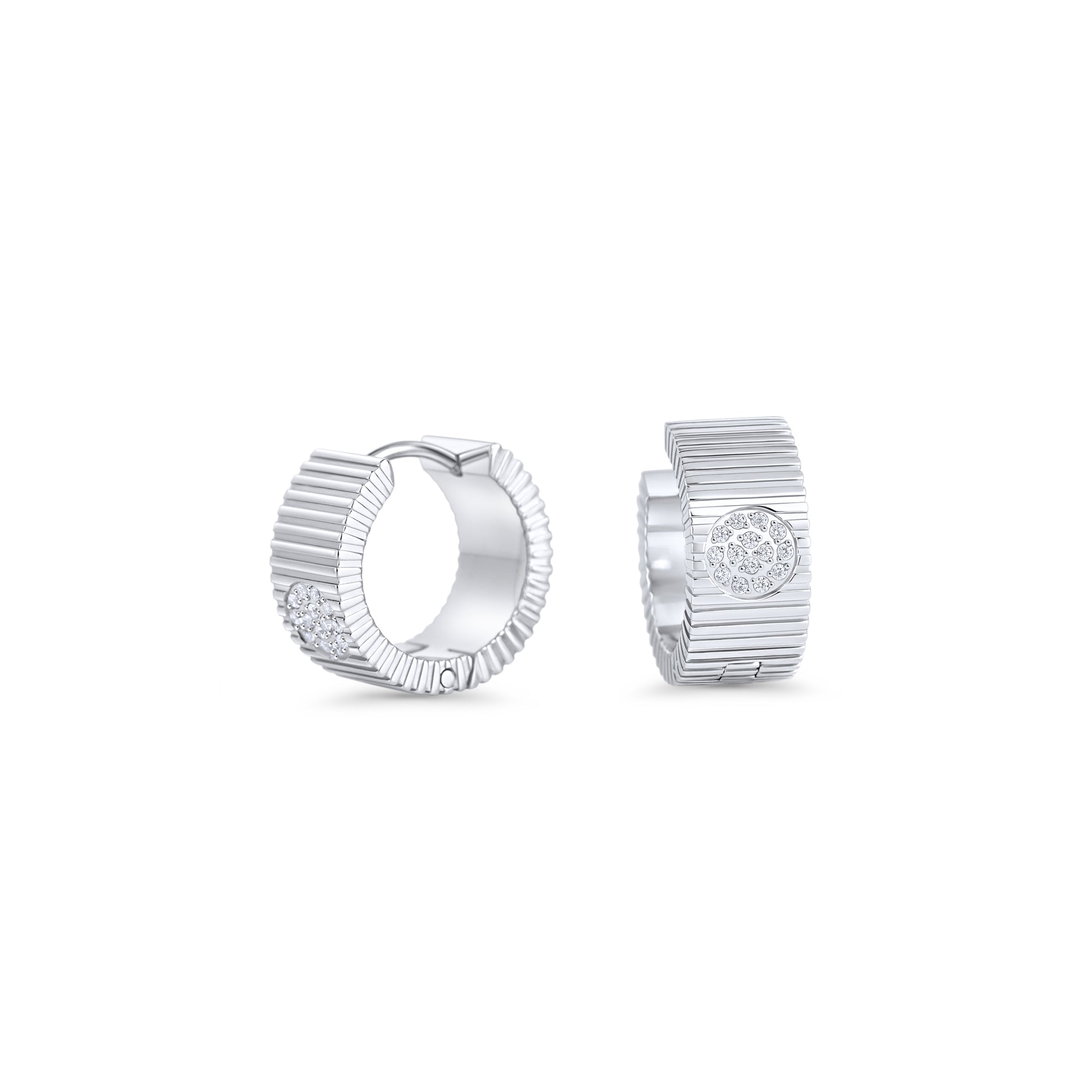 Silver ribbed huggie hoop earrings with pavé detail in stainless steel, bold modern statement earrings, tarnish resistant and hypoallergenic jewelry for sensitive ears in Canada.