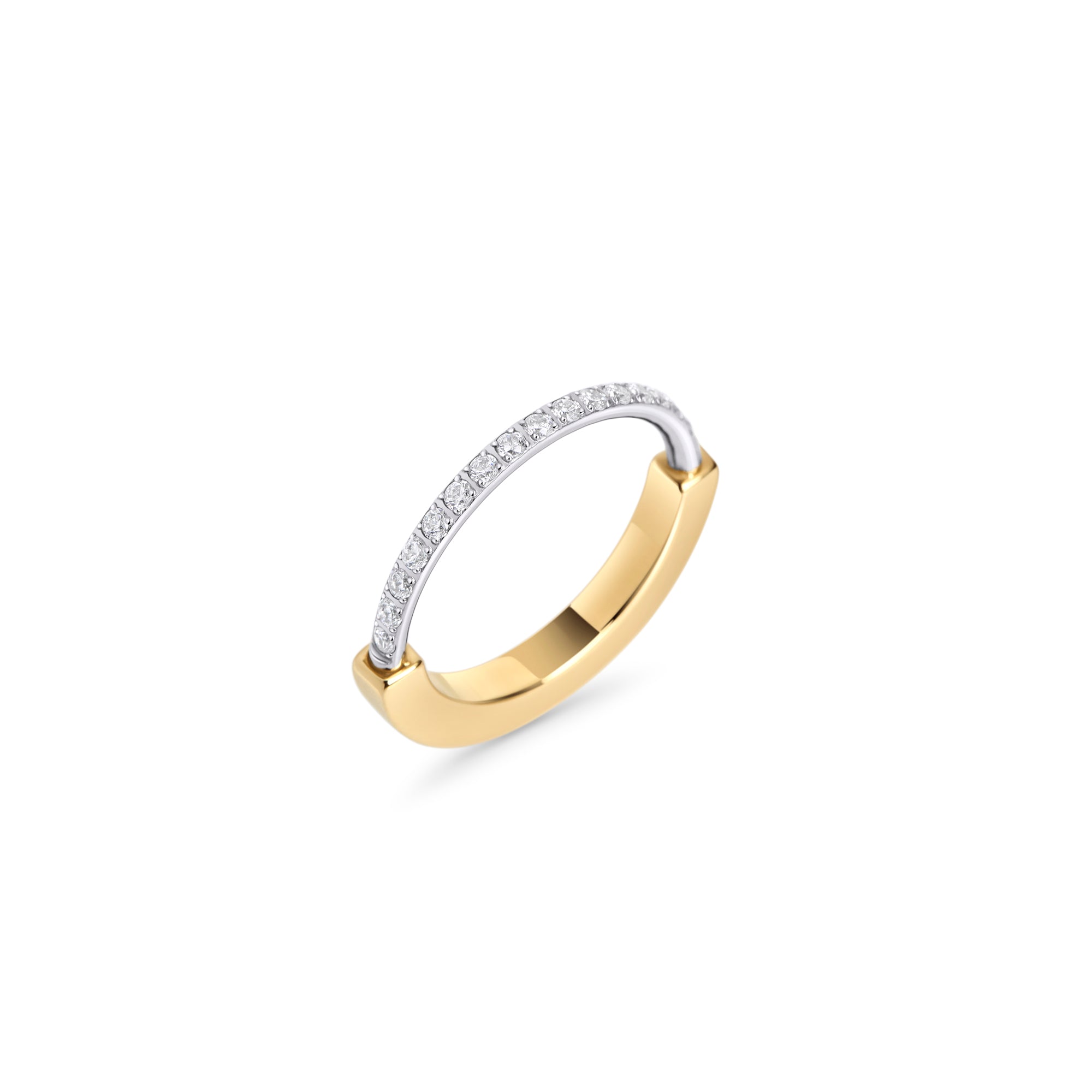 Two-tone stainless steel ring with cubic zirconia pavé band in gold and silver, minimalist elegant band ring, hypoallergenic non-tarnish durable everyday jewelry Canada.
