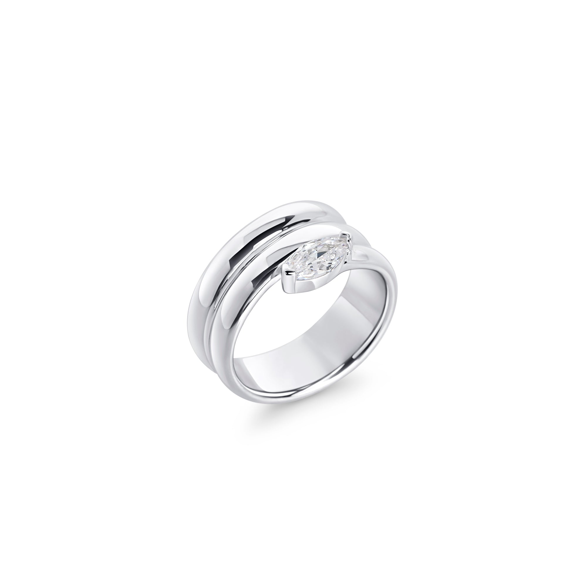Gold stainless steel statement ring with marquise-cut cubic zirconia, sculptural modern jewelry design, hypoallergenic non-tarnish durable ring, elegant contemporary fashion jewelry.
