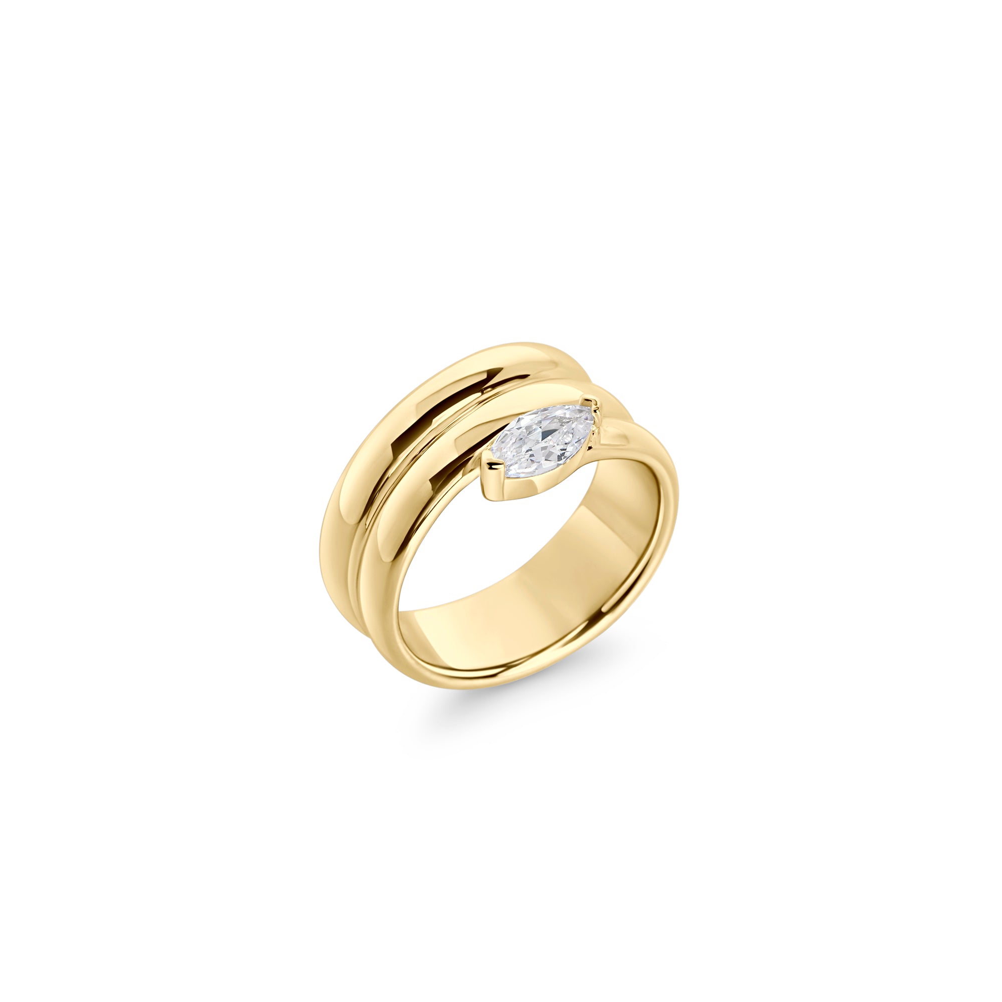 Gold stainless steel statement ring with marquise-cut cubic zirconia, sculptural modern jewelry design, hypoallergenic non-tarnish durable ring, elegant contemporary fashion jewelry.
