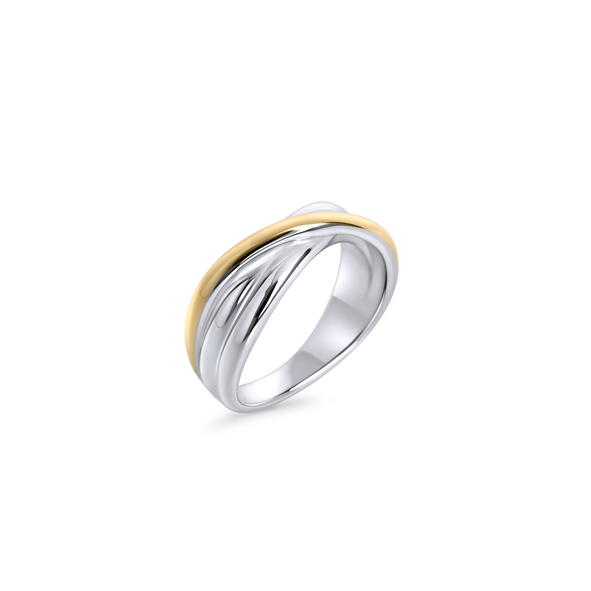 Two-tone crossover ring in gold and silver stainless steel, modern twisted design with high-polish finish, durable everyday jewelry crafted for comfort and long-lasting shine in Canada.