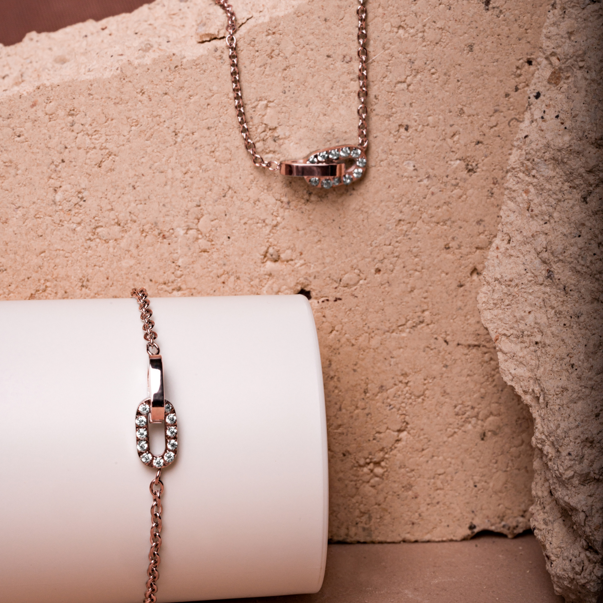  Spirit Pendant Necklace 2 Links Rose gold Stainless Steel with Stones Hypoallergenic and Tarnish Resistant MIA JWL